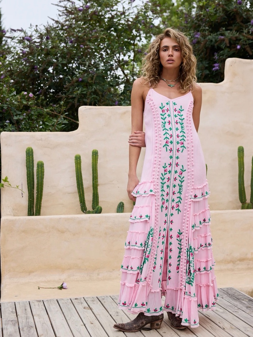 Girls' Pink Embroidered Tiered Sundress with Floral Trim